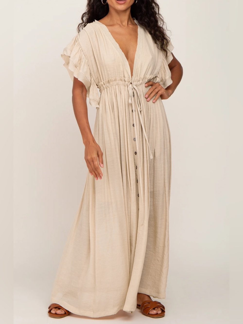 Women's Cream Button-Front Maxi Dress with Tie Waist